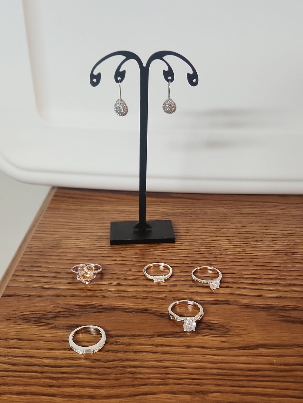 Silver Crystal Drop Earrings and Sterling Rings Set - White